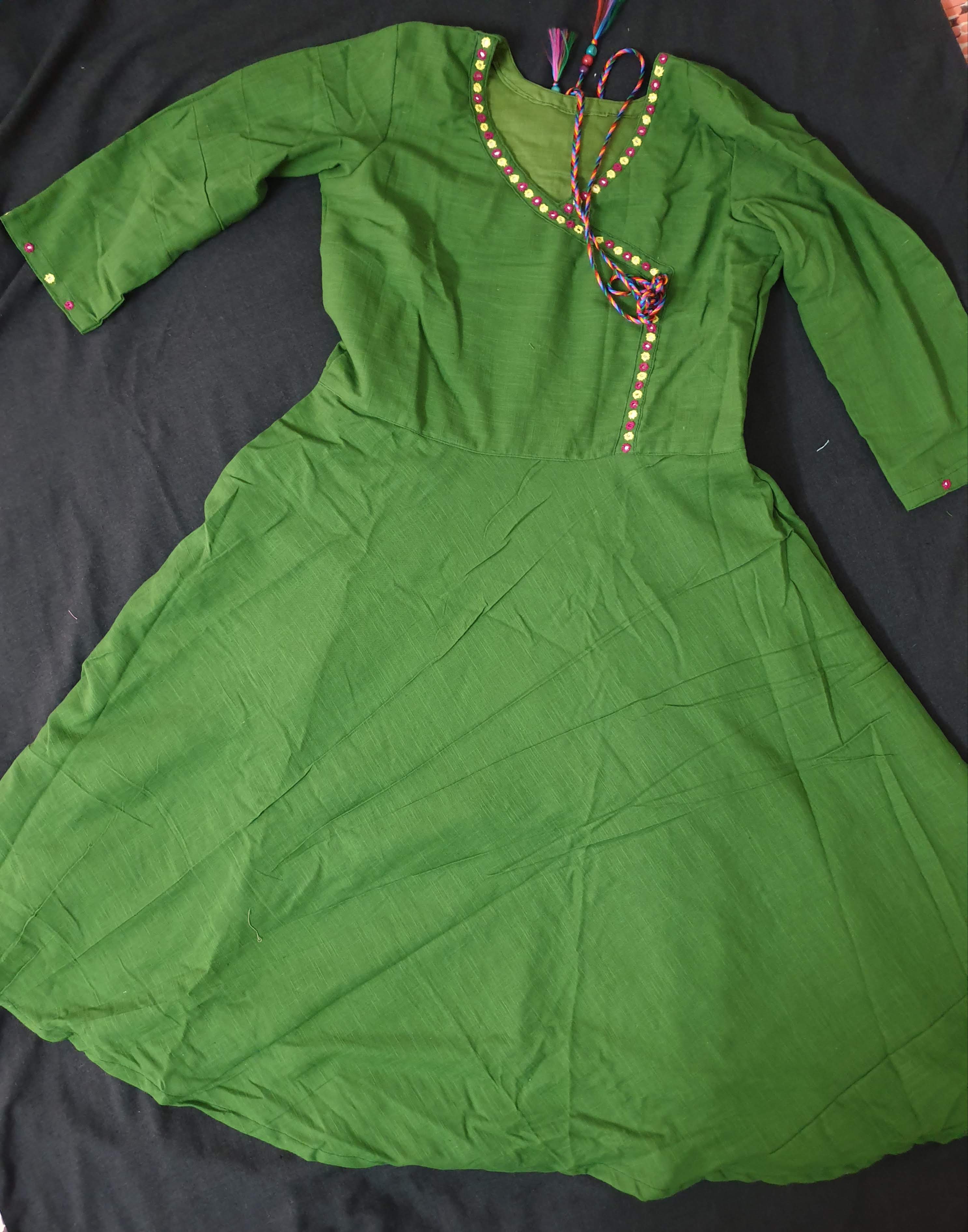 Bottle Green Angarkha Style Anarkali Cotton Kurti with Mirror Work